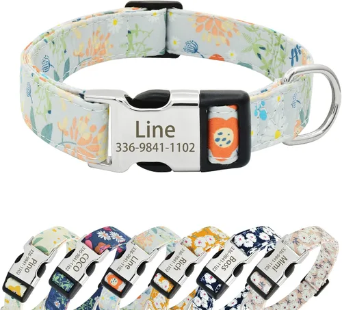 Miniatura 10 de Collares de perro florales personalizados con nombre, collares suaves personalizados con hebilla grabada para perros pequeños, medianos y grandes