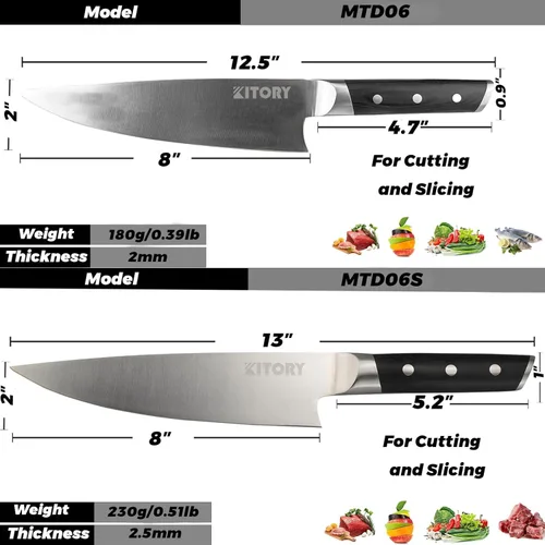 Miniatura 3 de Kitory Cuchillo de chef de 8 pulgadas, cuchillo de cocina Gyuto, picador profesional de espiga completa, acero forjado HC, mango ergonómico de MTD06S