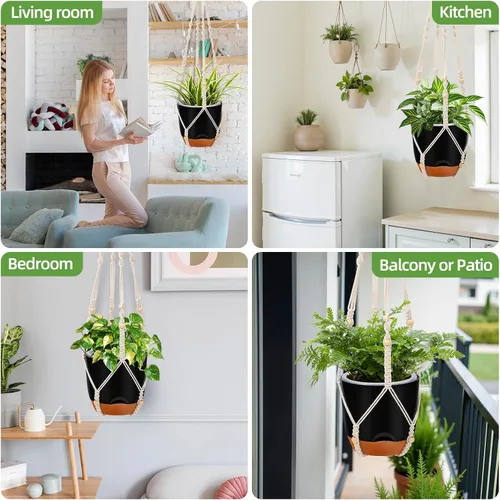 Miniatura 7 de Paquete de 2 macetas colgantes de riego automático de 7.2 pulgadas para plantas de interior y exterior, macetas colgantes de macramé de 34 pulgadas