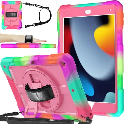 Miniatura 16 de BMOUO Funda para iPad de 9ª/8ª/7ª generación de 10.2", a prueba de golpes con soporte giratorio de 360°, correa de hombro y mano, funda para iPad
