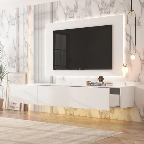 Miniatura 3 de AIEGLE Soporte flotante para TV montado en la pared, centro de entretenimiento de alto brillo con 3 cajones y luces LED de 16 colores, estante
