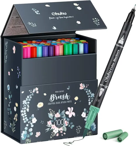 Marcadores Ohuhu para Libros de Colorear para Adultos Sin Sangrado 100 Colores Marcadores para Colorear a Base de Agua Puntas Dobles Delineador Fino