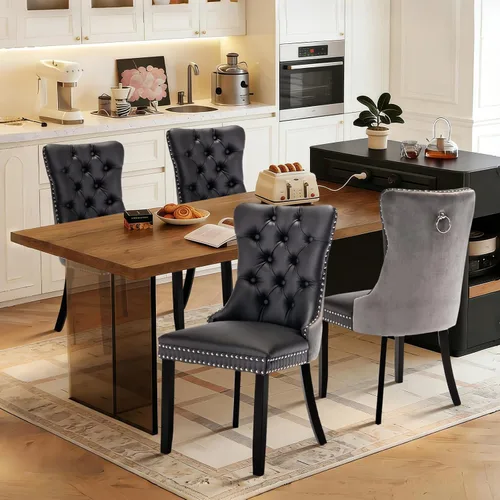 Miniatura 121 de Juego de 4 sillas de comedor de terciopelo, sillas de comedor tapizadas con ribete de cabeza de clavo y patas de madera maciza para cocina