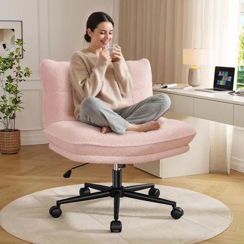 Miniatura 12 de DurayLoly Silla cruzada sin brazos con asiento de 27.6 pulgadas de ancho para sentarse con patas cruzadas, silla de escritorio reclinable de forro