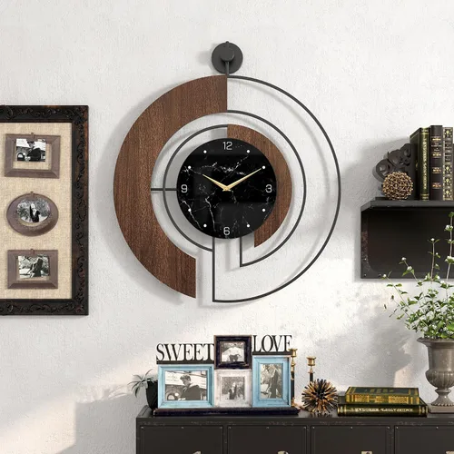 Miniatura 6 de Reloj de pared moderno con esfera de mármol de nogal, marco de metal de madera grande, silencioso, sin tictac, para sala de estar, decoración