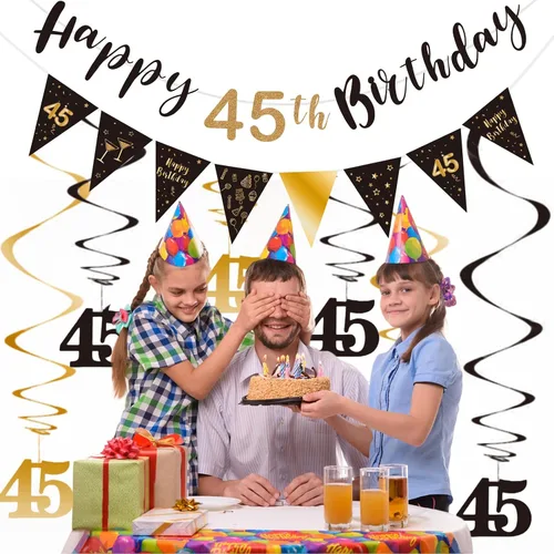 Miniatura 4 de BRT Bearingshui Kit de decoración de cumpleaños número 45 para hombres y mujeres, pancarta de feliz cumpleaños 45, serpentinas de remolinos