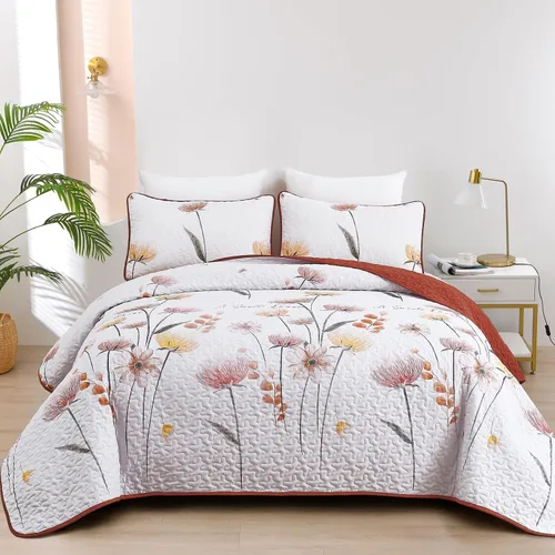 Miniatura 15 de Dinjoy Juego de colcha floral tamaño Queen, colcha azul agua tamaño Queen de 3 piezas, juego de ropa de cama ligera de estilo granja, colcha