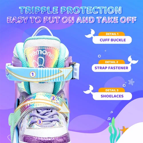 Miniatura 5 de NEMONE - Patines de sirena con ruedas iluminadas y 4 tamaños ajustables para niñas, azul y morado, para niños pequeños, para principiantes, de A