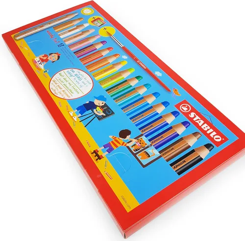 Miniatura 3 de STABILO - Lápices de acuarela multimedia 3 en 1 Woody - Jumbo Easy-Grip - Paquete de 18 con sacapuntas y pincel