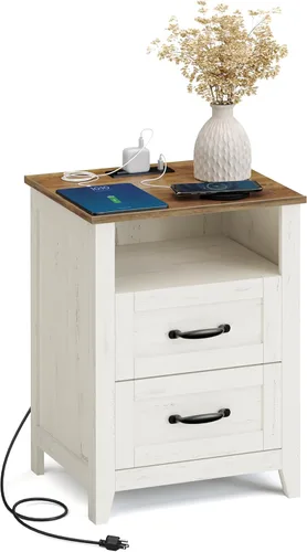Miniatura 19 de VASAGLE Colección LIRY - Mesita de noche de estilo granja con estación de carga, mesita de noche, mesa auxiliar con 3 cajones, para dormitorio