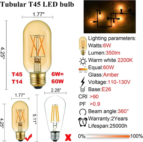 Miniatura 5 de LiteHistory foco LED E26 de 6 W, equivalente a 60 W, blanco cálido 2200 K, ámbar, E26, bombilla Edison regulable, CA 120 V, 400 lm, foco LED tubular