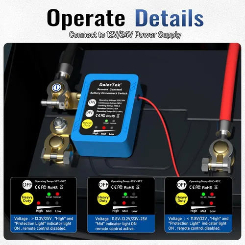 Miniatura 5 de DaierTek Interruptor de desconexión de batería remoto 12V/24V 240A Interruptor de apagado para corte de energía automotriz para coche, camión
