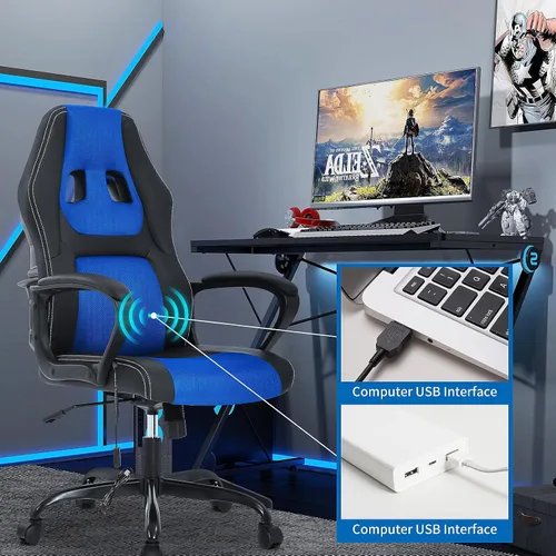 Miniatura 2 de BLKMTY Silla de juegos de PC, silla de escritorio ergonómica de masaje, sillas de carreras de piel sintética ajustable con soporte lumbar, Azul