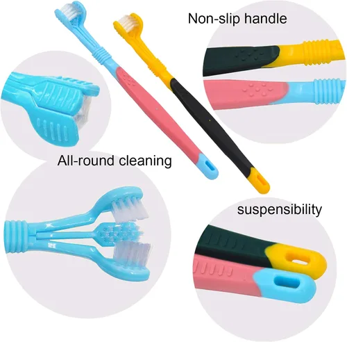 Miniatura 5 de Cepillos de dientes para perros, 2 unidades, azul amarillo, adecuados para perros adultos, diseño de tres caras para una fácil limpieza