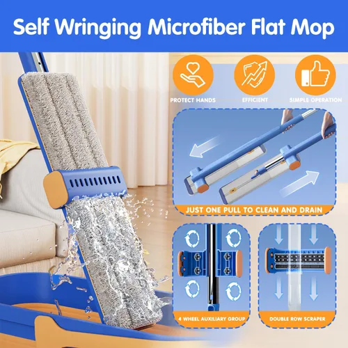 Miniatura 2 de Mopa plana autoescurrible de microfibra de 16.5", mopas húmedas y secas para limpiar pisos, con mango largo de 55" para limpiador de paredes