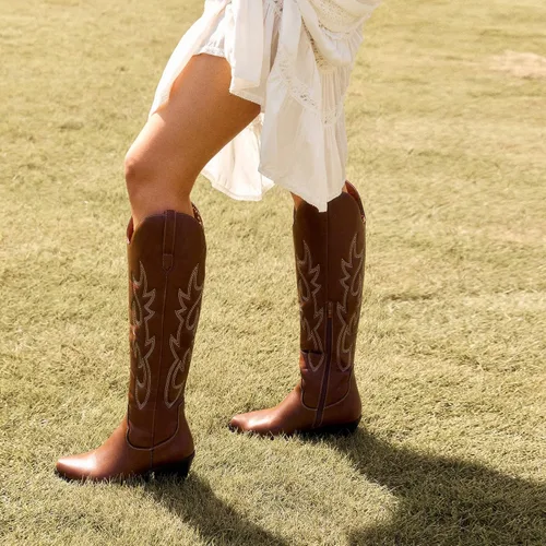Miniatura 6 de TINSTREE Botas vaqueras bordadas para mujer, botas vaqueras occidentales, botas altas hasta la rodilla