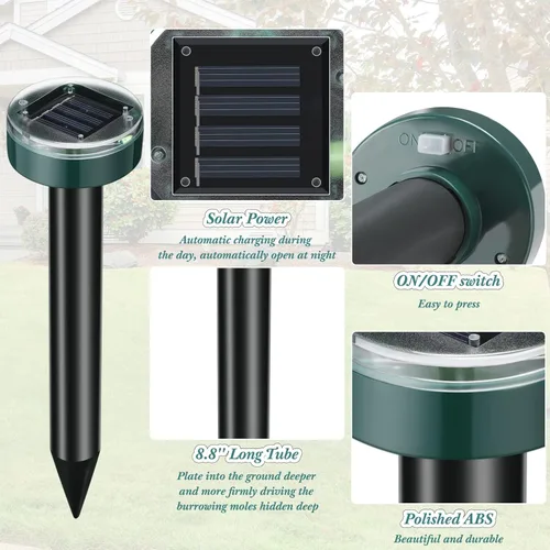 Miniatura 3 de Repelente solar de topos, repelente ultrasónico de topos, alimentado por energía solar, disuasorio de ondas sonoras para exteriores, para césped