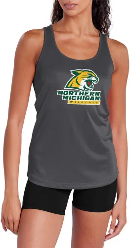 Miniatura 78 de Camiseta deportiva sin mangas oficial de la NCAA Collegiate para mujer, con espalda cruzada, logotipo primario, colección carbón