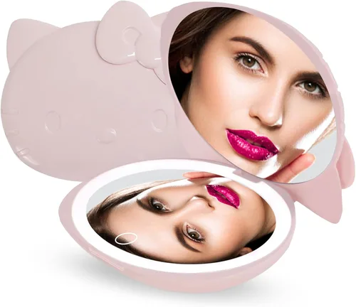 Impressions Vanity Hello Kitty - Espejo compacto Kawaii con interruptor de sensor táctil para brillo ajustable, espejo de maquillaje iluminado con