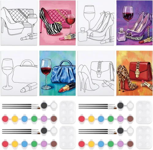 Miniatura 18 de VOCHIC Paquete de 4 Kits de Sip and Paint, Lienzo Predibujado para Pintar para Adultos, Noche de Chicas, Kit de Pintura para Parejas Juegos de Noche