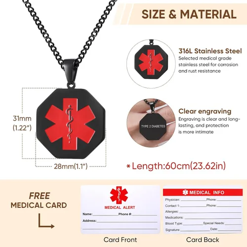 Miniatura 84 de VNOX Collar con colgante personalizado de acero inoxidable con grabado personalizado para identificación de alerta médica de emergencia para hombres