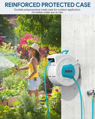 Miniatura 7 de ENEACRO Carrete de manguera de jardín retráctil con soporte de pared de 1/2 pulgadas x 100 pies con boquilla de manguera de 10 patrones, conector