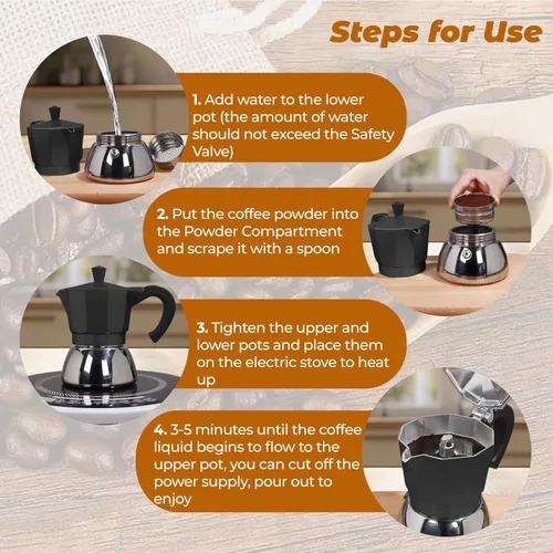 Miniatura 5 de Sin Recubrimiento 4 Tazas Olla de Moka de Aluminio y Acero Inoxidable para Preparar Espresso en Estufa, Cafetera Italiana de 220ml 7.44oz Adecuada