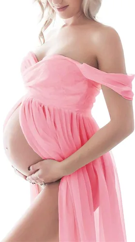 Miniatura 2 de ZIUMUDY Vestido de gasa de maternidad con hombros descubiertos para sesión de fotos, vestido largo de encaje frontal dividido para fotografía
