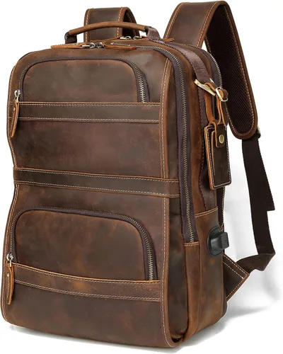 LANNSYNE Mochila de cuero genuino vintage para hombres 15.6 pulgadas portátil bolsa de noche fin de semana camping mochila, Marrón, Mochilas de