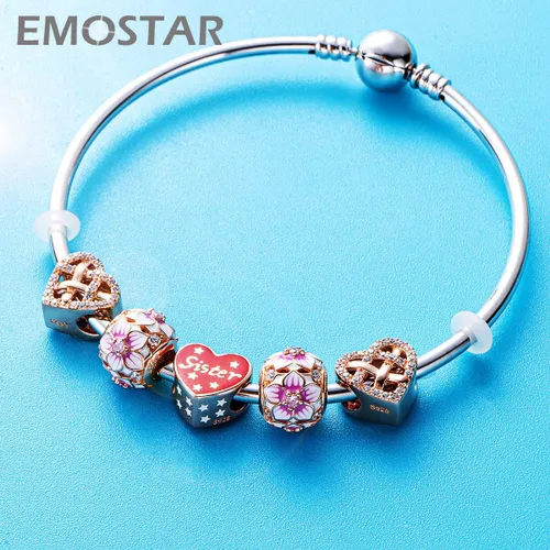 Miniatura 3 de Los dijes de flores y trébol se adaptan a la pulsera europea Valentiens, dije de flor de magnolia de oro rosa, trébol, copo de nieve brillante