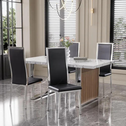 Miniatura 11 de Juego de 4 sillas de comedor modernas, de piel sintética blanca con patas de metal cromado dorado, diseño de respaldo alto curvo y acolchado