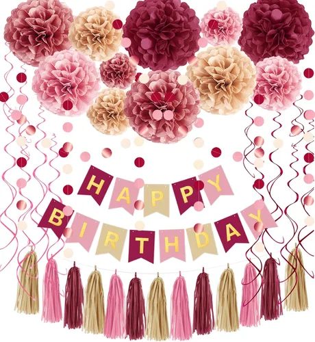 Miniatura 8 de Decoraciones de cumpleaños rosa y verde para mujeres y niñas, pompones de papel de seda, pancarta de feliz cumpleaños, borla de papel, guirnalda