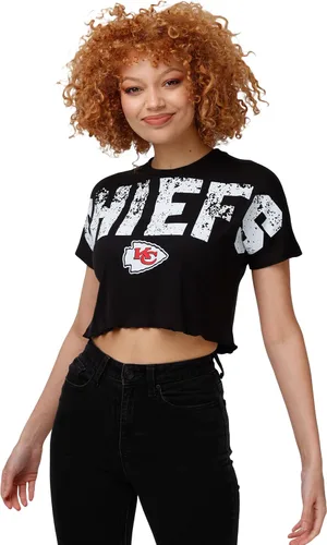 FOCO NFL Womens NFL Team Logo Ladies Fashion Distressed Wordmark Petite Size Crop Top Shirt