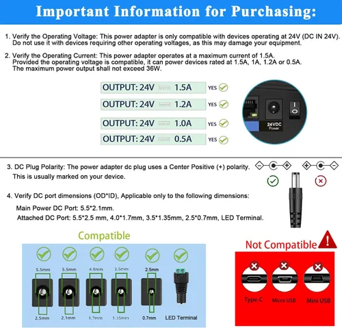 Miniatura 4 de Cable de alimentación de 24 V CC, adaptador de 24 V CC 1.5 A, CA 110-240 V CC en 24 voltios, 1 A, 0,5 A, cargador de pared para difusor