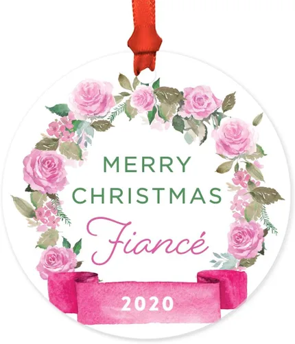 Miniatura 47 de Andaz Press Adorno de Navidad de madera grabado con láser para aniversario de boda, 1 año juntos, Navidad 2025, pancarta de flores rosas, 1 paquete
