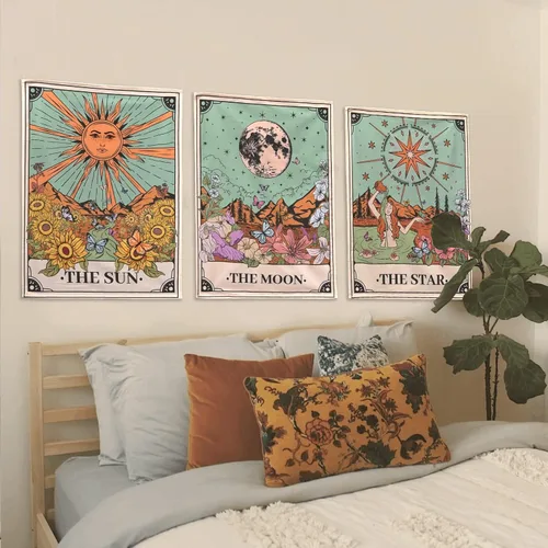 Miniatura 4 de Aipon Tapiz de Tarot Lindo Juego de 3 Tapices de Tarot Sol Luna Estrella Floral Verde Pequeña Tapicería Estética para Colgar en la Pared