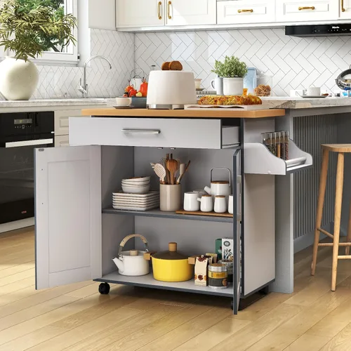 Miniatura 2 de HAPPYGRILL Carrito de cocina con ruedas para isla de cocina, carrito de almacenamiento de cocina con estante ajustable, cajón, estante