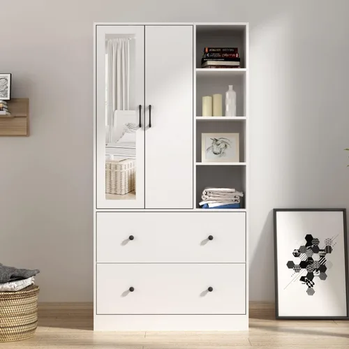 Miniatura 9 de Armario con espejo, armario de 2 puertas con 2 cajones y barra extensible para colgar, organizador de ropa tipo A negro