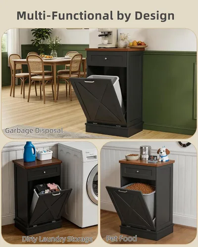 Miniatura 5 de Betterhood - Gabinete de basura basculante de 10 galones, de madera, independiente, clasificador de ropa, con cajón oculto, gabinete de basura Negro