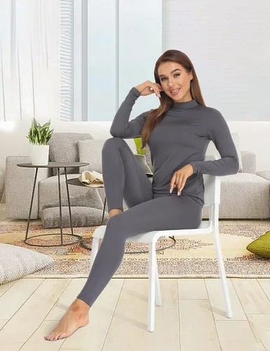 Miniatura 6 de JOLLYBUYER Ropa interior térmica de cuello alto para mujer conjunto de capa base cálida ultra suave y cálida