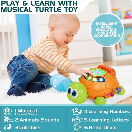 Miniatura 4 de Juguetes para bebés de 6 a 12 meses, juguetes musicales de tortugas que gatean para bebés de 12 a 18 meses, juguete educativo de aprendizaje Naranja