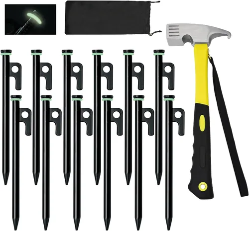 Paquete de 12 estacas para tienda de campaña con martillo, estacas de tienda de campaña resistentes de 8 pulgadas + martillo de campamento de 10