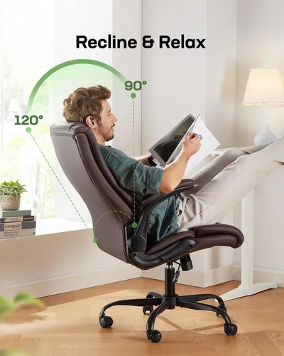 Miniatura 5 de Marsail Silla de oficina ejecutiva ergonómica con reposabrazos abatibles, piel sintética, altura ajustable, giratoria, color marrón