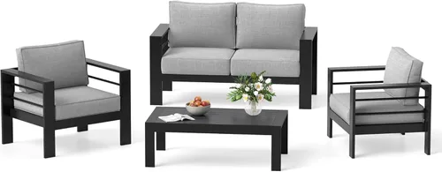Miniatura 39 de Solaste Juego de muebles de patio de aluminio para todo tipo de clima, moderno juego de muebles de metal para exteriores con asientos profundos