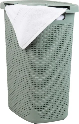 Miniatura 17 de Mind Reader Cesta de lavandería delgada con tapa, cestas de ropa de 60L, diseño de mimbre premium, plástico, paquete de 2, rosa