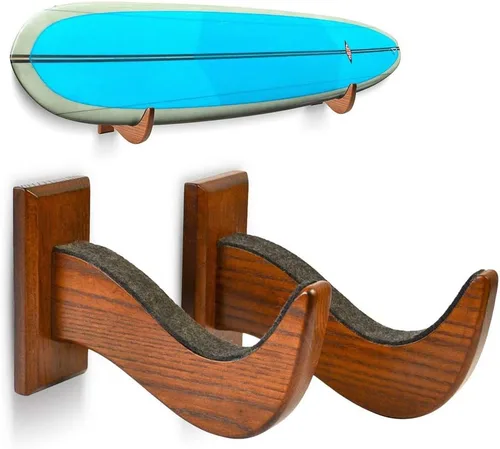 Miniatura 7 de TESLYAR Soporte de pared para tabla de surf, estante de madera para almacenamiento en pared, ganchos de madera maciza para tabla de surf, tabla