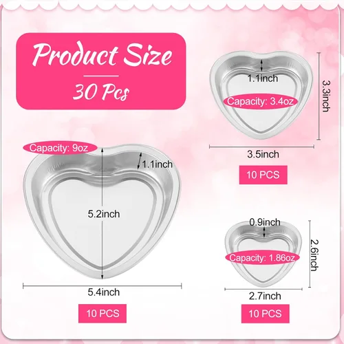 Miniatura 2 de Meanplan Paquete de 30 moldes de aluminio en forma de corazón de 9 onzas, 3.4 y 1.86 onzas, molde de aluminio desechable para pasteles de San