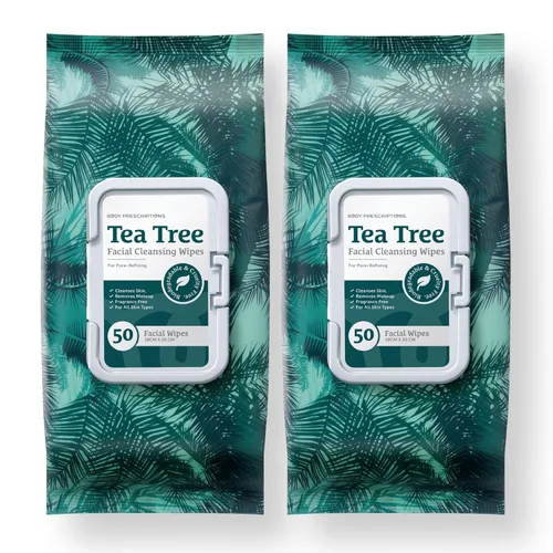 Body Prescription Toallitas limpiadoras de maquillaje, toallitas faciales suaves y efectivas, 50 unidades (paquete de 2), árbol de té