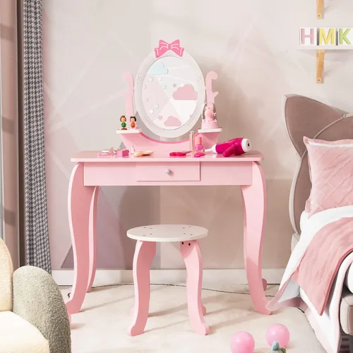 HONEY JOY Juego de tocador para niños, Espejo ovalado de rotación 360 grados, juego de tocador de maquillaje de princesa para niñas pequeñas, juego