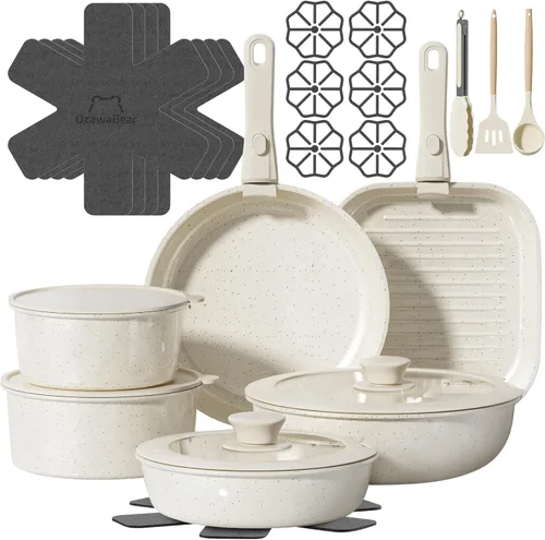 Juego de 26 piezas de ollas y sartenes antiadherentes, juego de utensilios de cocina de cerámica no tóxico con mangos desmontables, juego de cocina